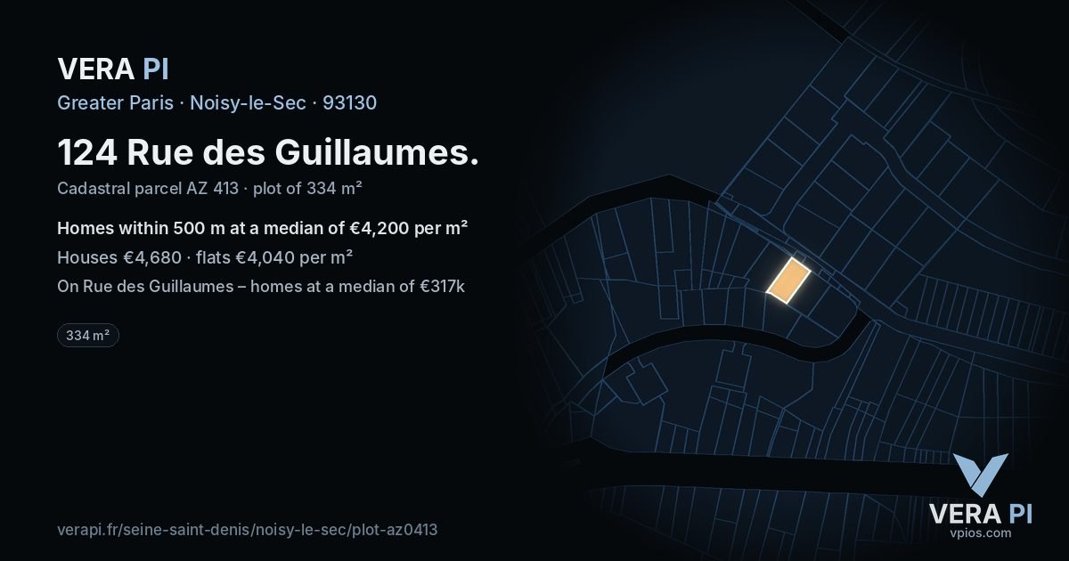124 Rue des Guillaumes, Noisy-le-Sec at night – the plot lit, the parcels around coloured by the prices near them