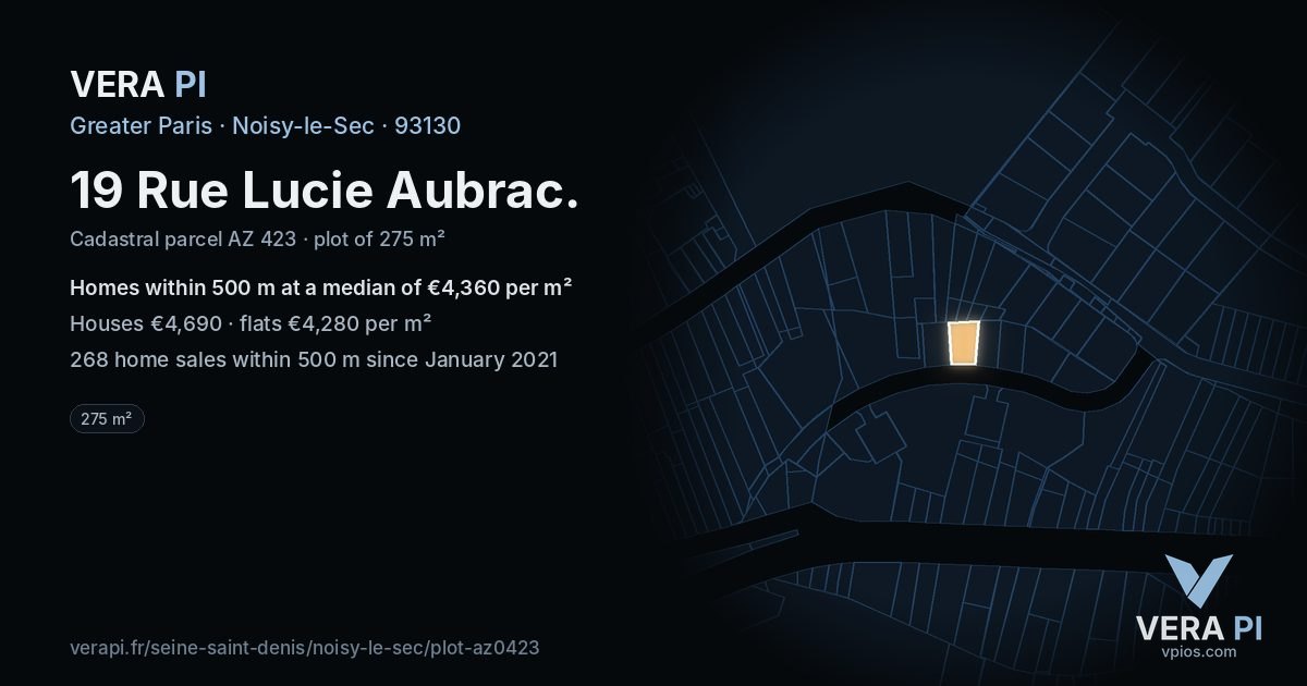 19 Rue Lucie Aubrac, Noisy-le-Sec at night – the plot lit, the parcels around coloured by the prices near them