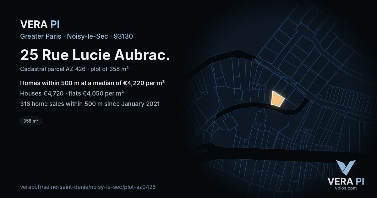 25 Rue Lucie Aubrac, Noisy-le-Sec at night – the plot lit, the parcels around coloured by the prices near them
