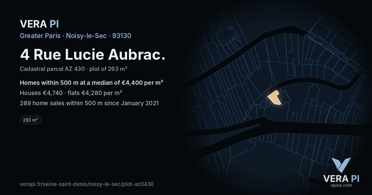 4 Rue Lucie Aubrac, Noisy-le-Sec at night – the plot lit, the parcels around coloured by the prices near them
