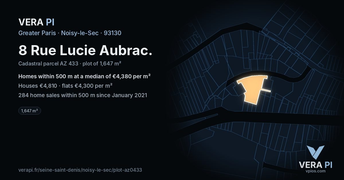 8 Rue Lucie Aubrac, Noisy-le-Sec at night – the plot lit, the parcels around coloured by the prices near them