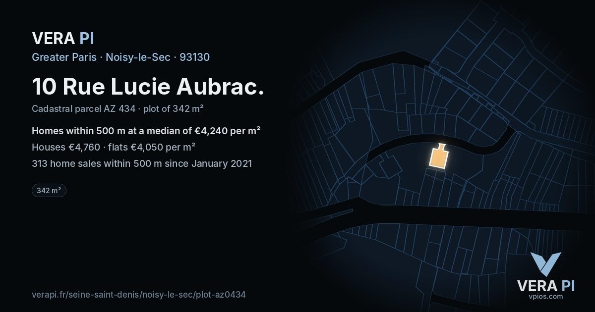 10 Rue Lucie Aubrac, Noisy-le-Sec at night – the plot lit, the parcels around coloured by the prices near them