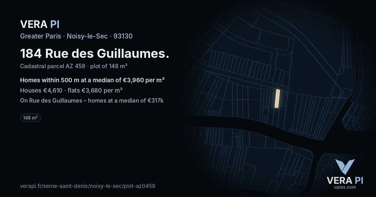 184 Rue des Guillaumes, Noisy-le-Sec at night – the plot lit, the parcels around coloured by the prices near them
