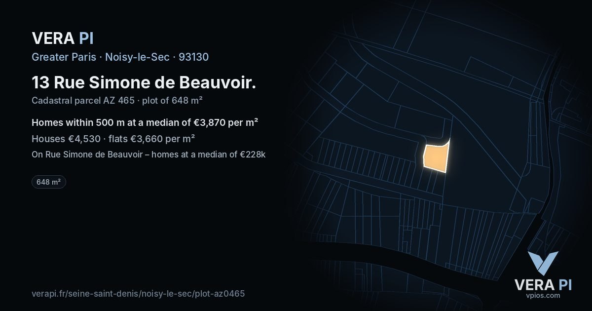 13 Rue Simone de Beauvoir, Noisy-le-Sec at night – the plot lit, the parcels around coloured by the prices near them