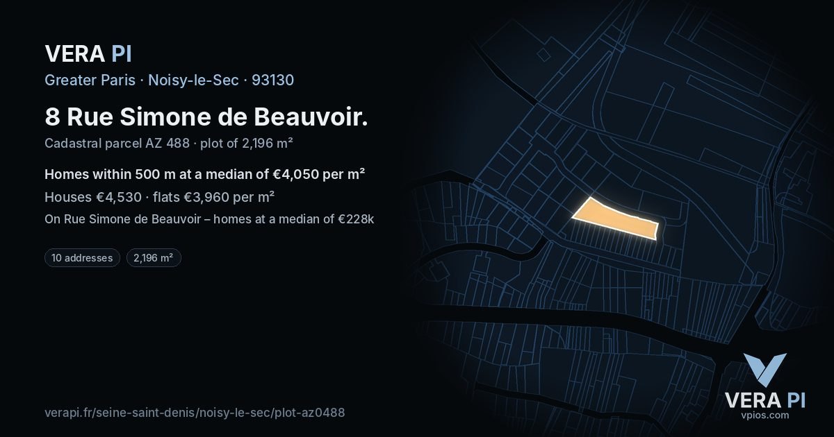 8 Rue Simone de Beauvoir, Noisy-le-Sec at night – the plot lit, the parcels around coloured by the prices near them