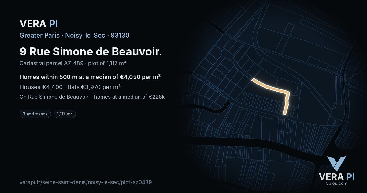 9 Rue Simone de Beauvoir, Noisy-le-Sec at night – the plot lit, the parcels around coloured by the prices near them