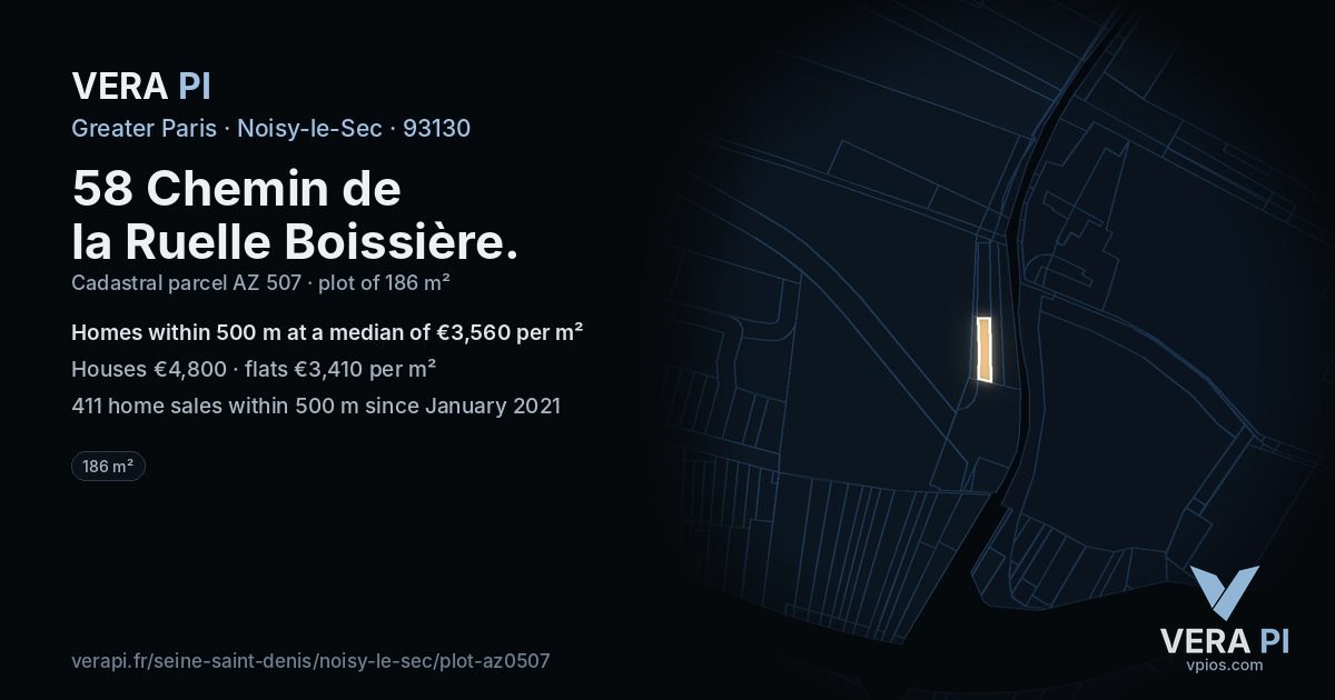 58 Chemin de la Ruelle Boissière, Noisy-le-Sec at night – the plot lit, the parcels around coloured by the prices near them