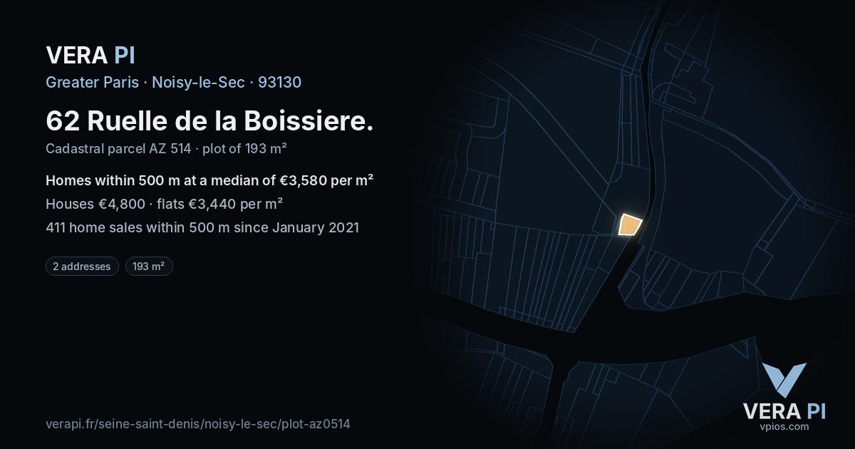 62 Ruelle de la Boissiere, Noisy-le-Sec at night – the plot lit, the parcels around coloured by the prices near them