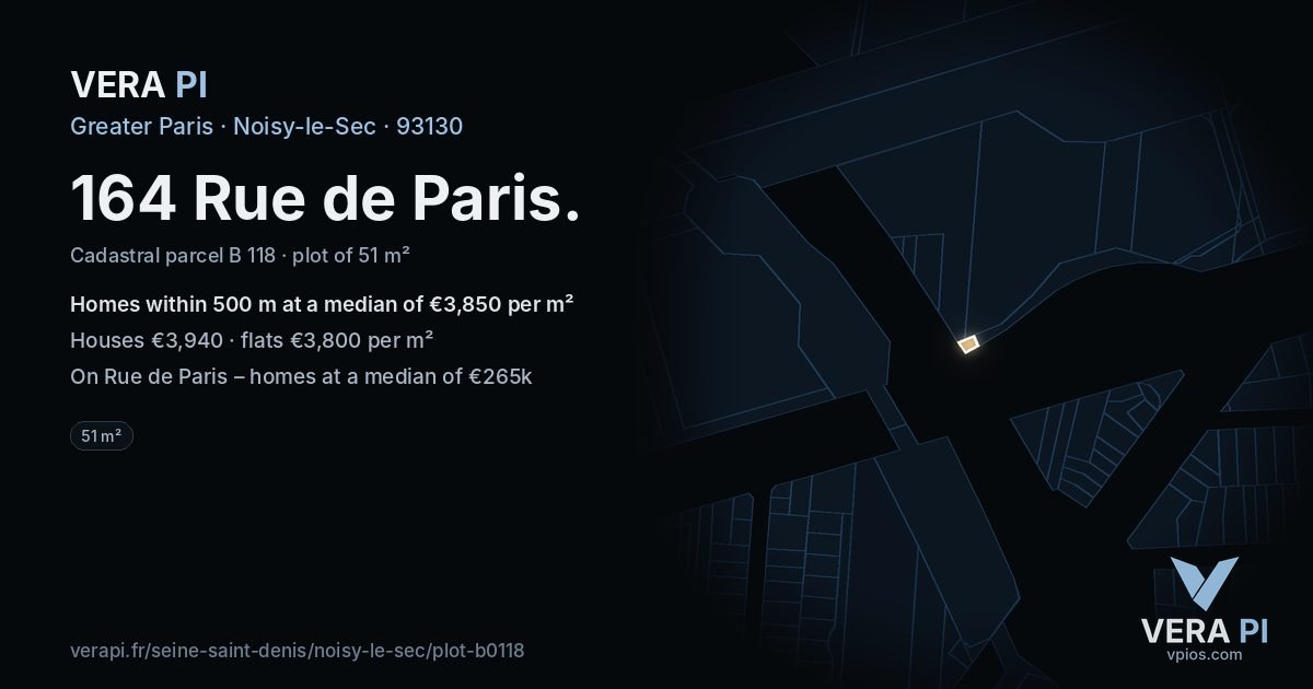 164 Rue de Paris, Noisy-le-Sec at night – the plot lit, the parcels around coloured by the prices near them