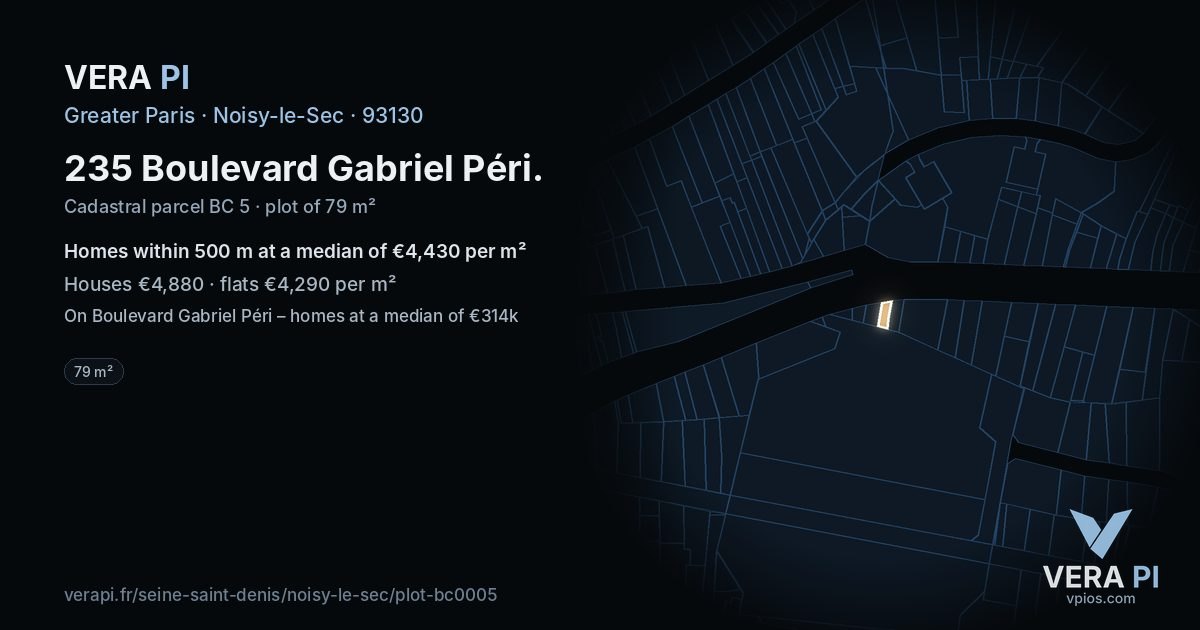 235 Boulevard Gabriel Péri, Noisy-le-Sec at night – the plot lit, the parcels around coloured by the prices near them
