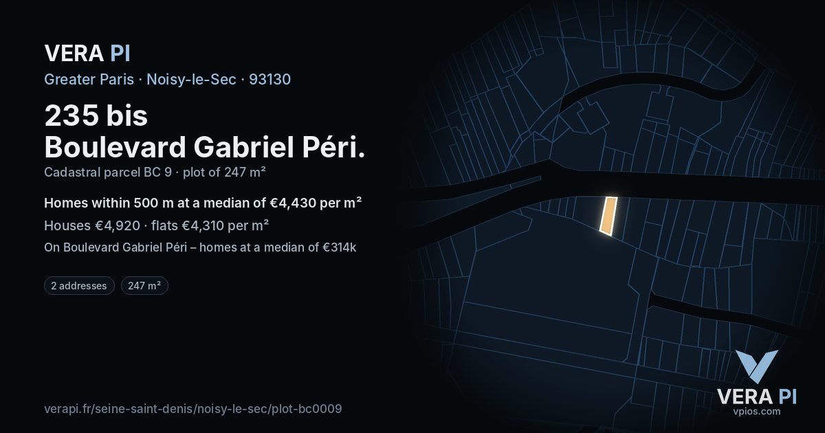 235 bis Boulevard Gabriel Péri, Noisy-le-Sec at night – the plot lit, the parcels around coloured by the prices near them