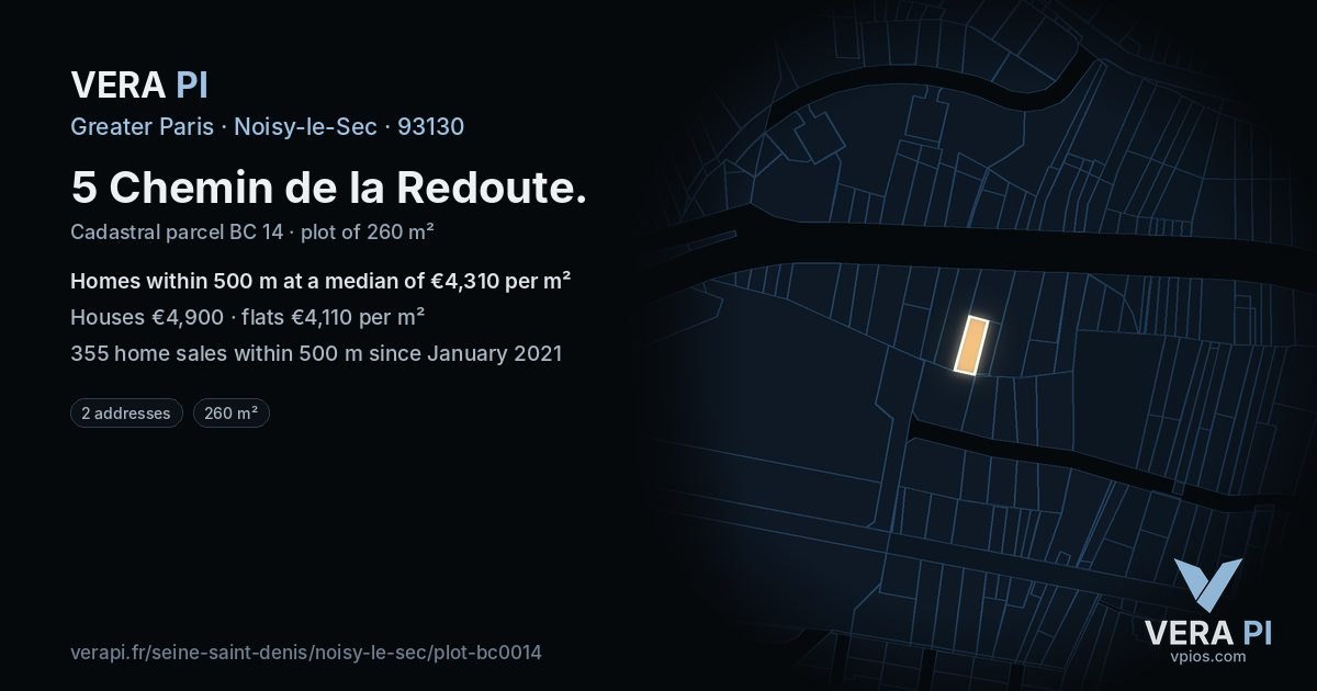 5 Chemin de la Redoute, Noisy-le-Sec at night – the plot lit, the parcels around coloured by the prices near them
