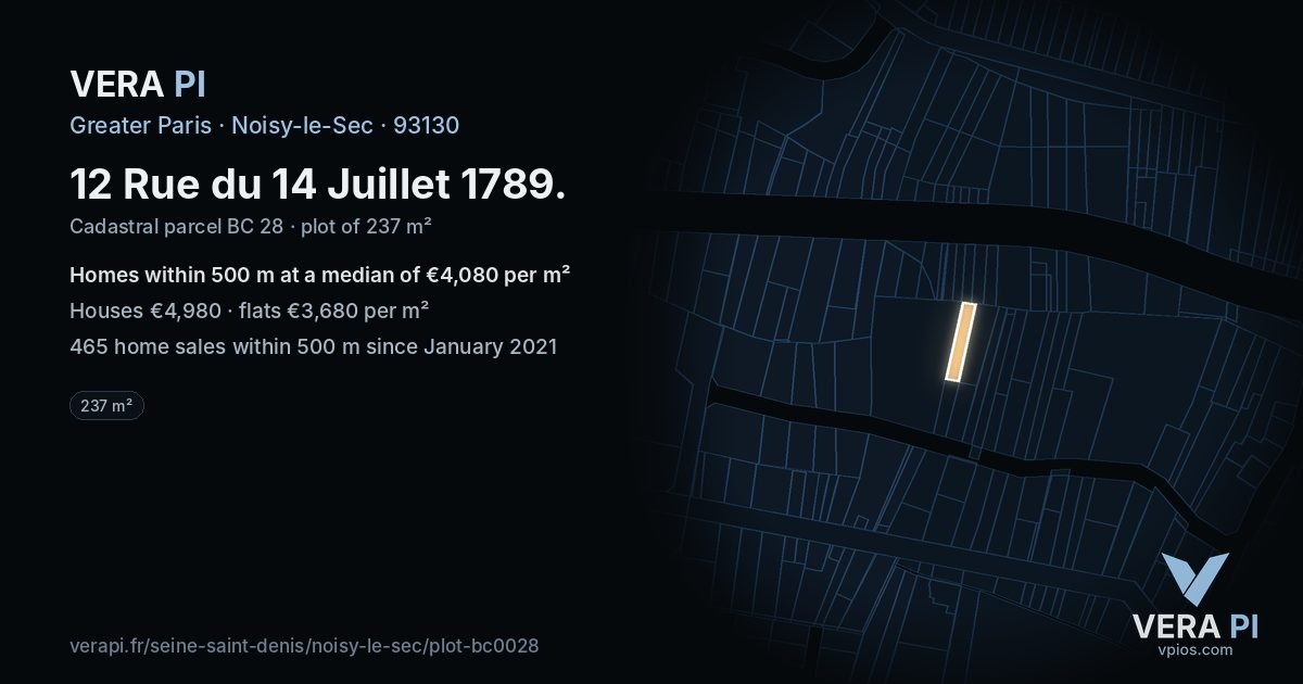 12 Rue du 14 Juillet 1789, Noisy-le-Sec at night – the plot lit, the parcels around coloured by the prices near them