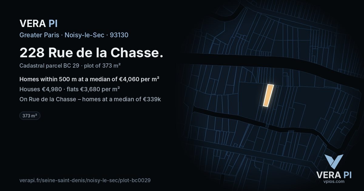 228 Rue de la Chasse, Noisy-le-Sec at night – the plot lit, the parcels around coloured by the prices near them