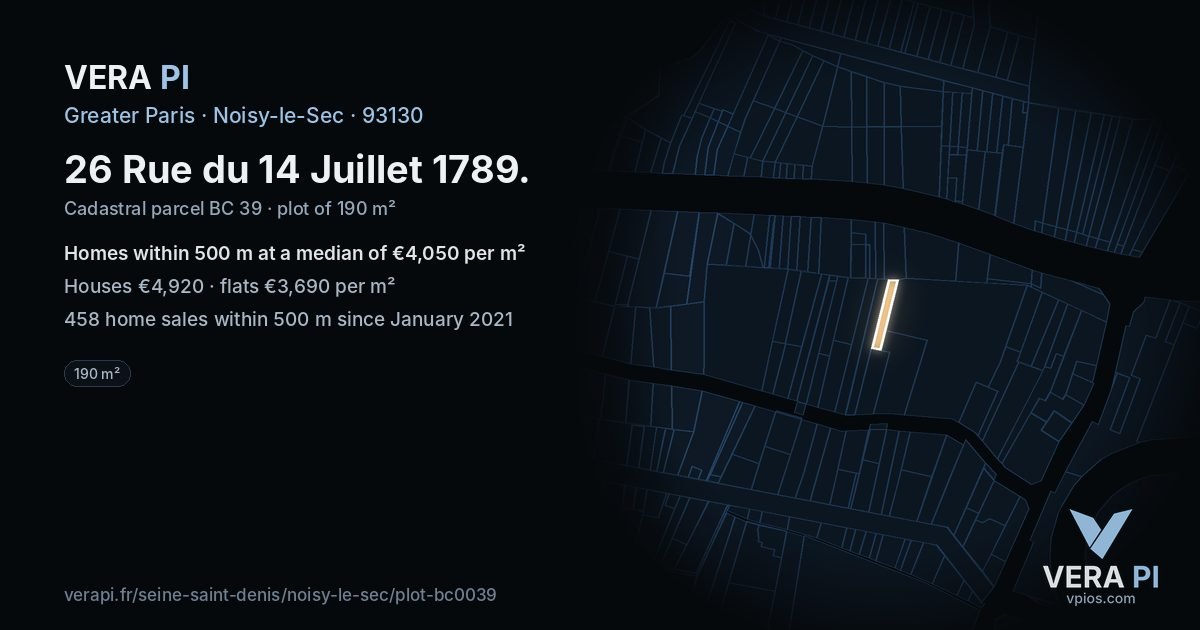 26 Rue du 14 Juillet 1789, Noisy-le-Sec at night – the plot lit, the parcels around coloured by the prices near them
