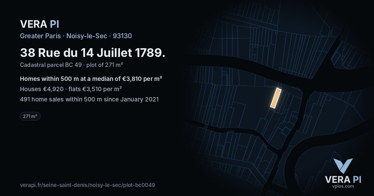 38 Rue du 14 Juillet 1789, Noisy-le-Sec at night – the plot lit, the parcels around coloured by the prices near them