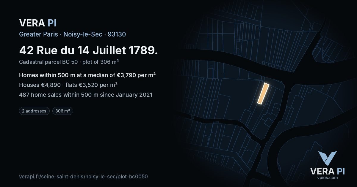 42 Rue du 14 Juillet 1789, Noisy-le-Sec at night – the plot lit, the parcels around coloured by the prices near them