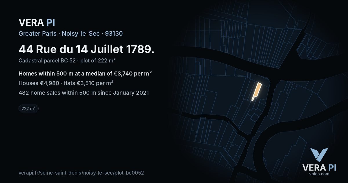 44 Rue du 14 Juillet 1789, Noisy-le-Sec at night – the plot lit, the parcels around coloured by the prices near them