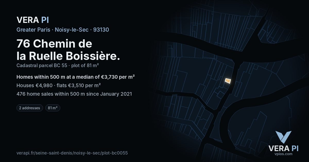 76 Chemin de la Ruelle Boissière, Noisy-le-Sec at night – the plot lit, the parcels around coloured by the prices near them