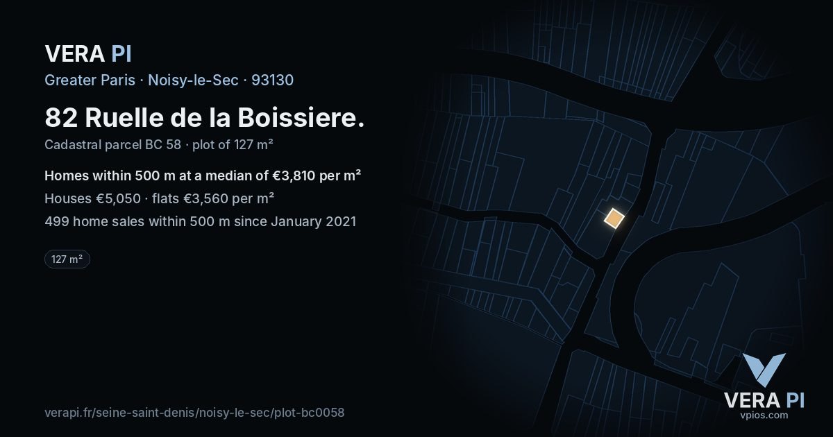 82 Ruelle de la Boissiere, Noisy-le-Sec at night – the plot lit, the parcels around coloured by the prices near them