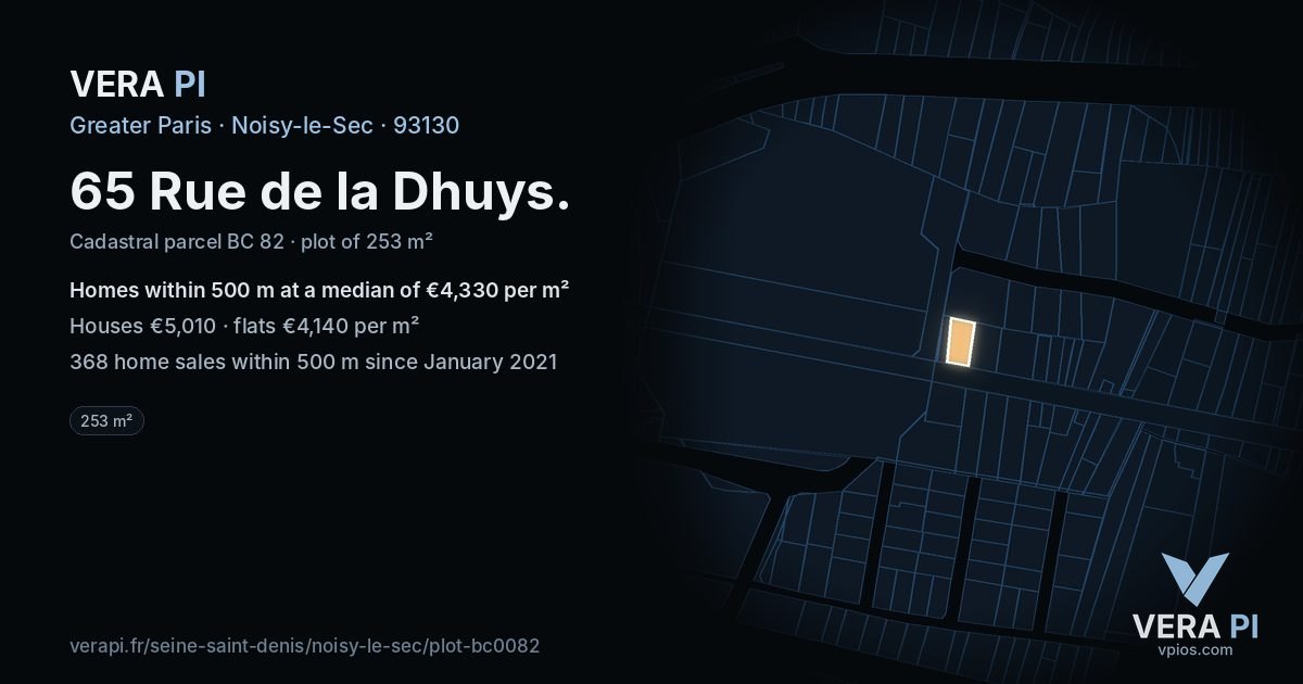 65 Rue de la Dhuys, Noisy-le-Sec at night – the plot lit, the parcels around coloured by the prices near them