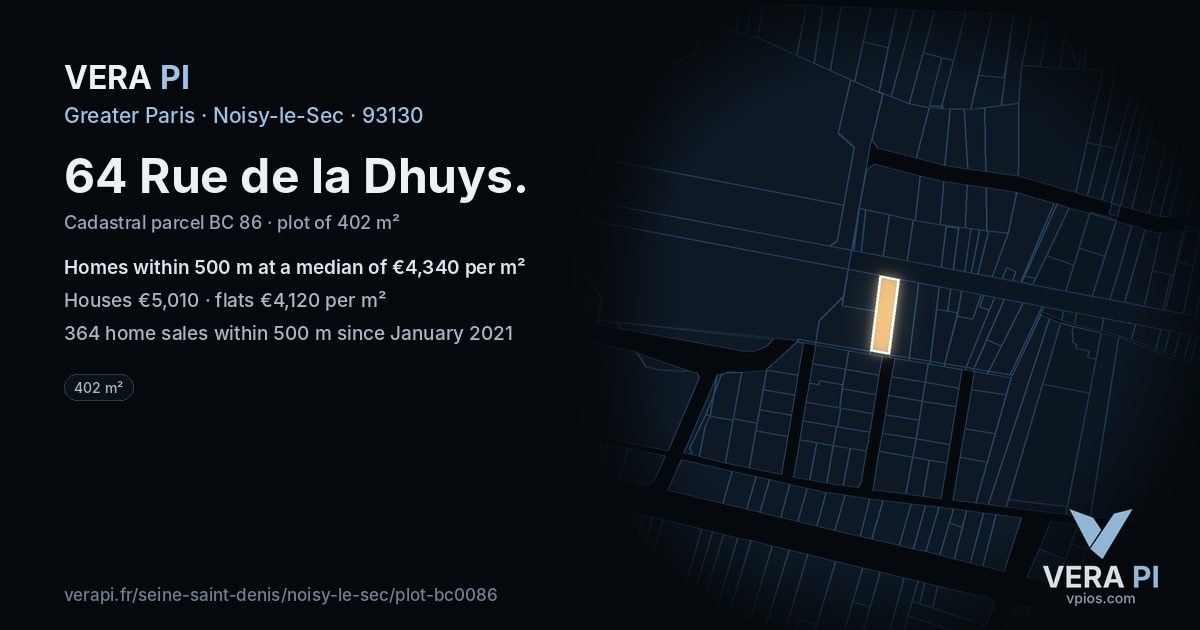 64 Rue de la Dhuys, Noisy-le-Sec at night – the plot lit, the parcels around coloured by the prices near them