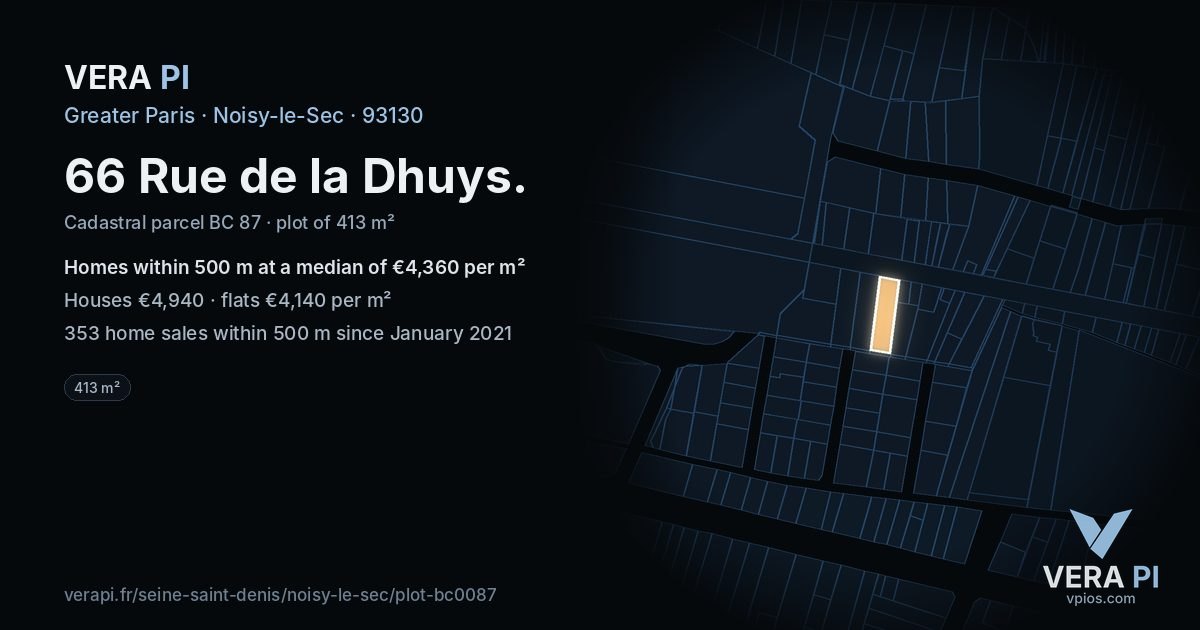 66 Rue de la Dhuys, Noisy-le-Sec at night – the plot lit, the parcels around coloured by the prices near them