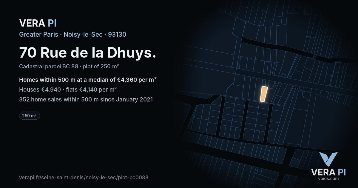 70 Rue de la Dhuys, Noisy-le-Sec at night – the plot lit, the parcels around coloured by the prices near them
