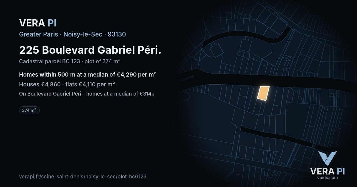 225 Boulevard Gabriel Péri, Noisy-le-Sec at night – the plot lit, the parcels around coloured by the prices near them