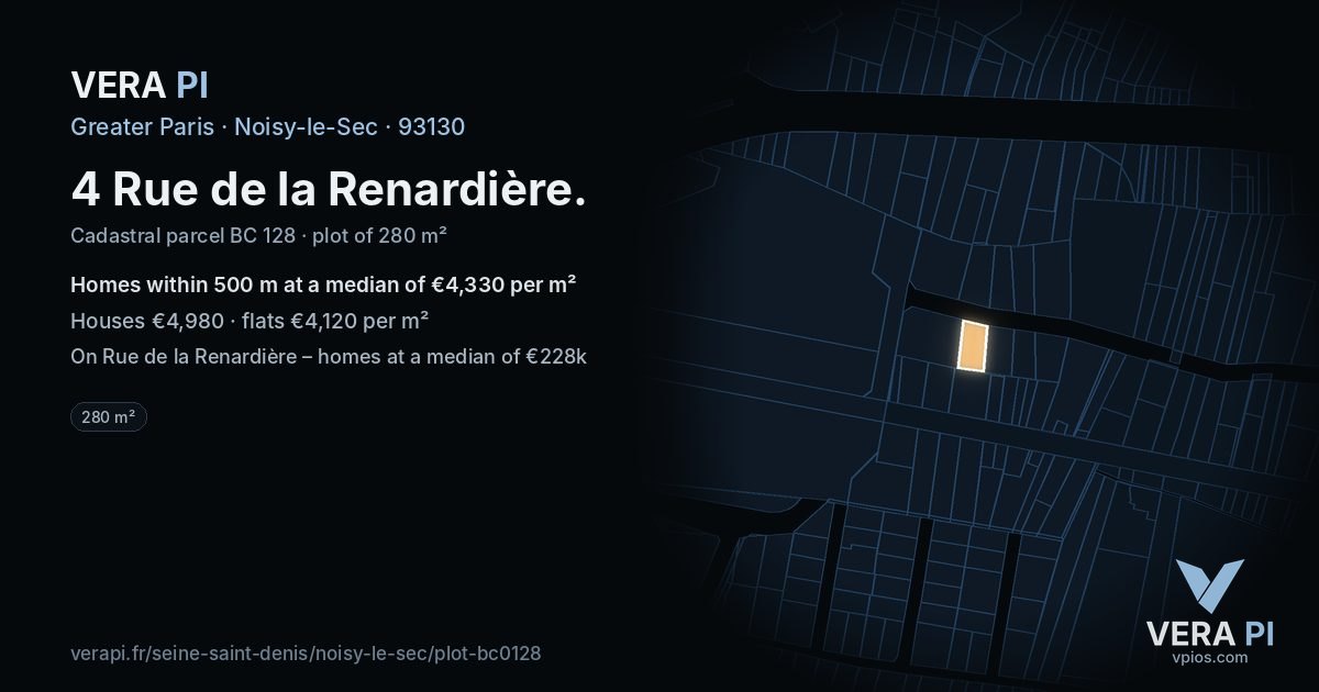 4 Rue de la Renardière, Noisy-le-Sec at night – the plot lit, the parcels around coloured by the prices near them