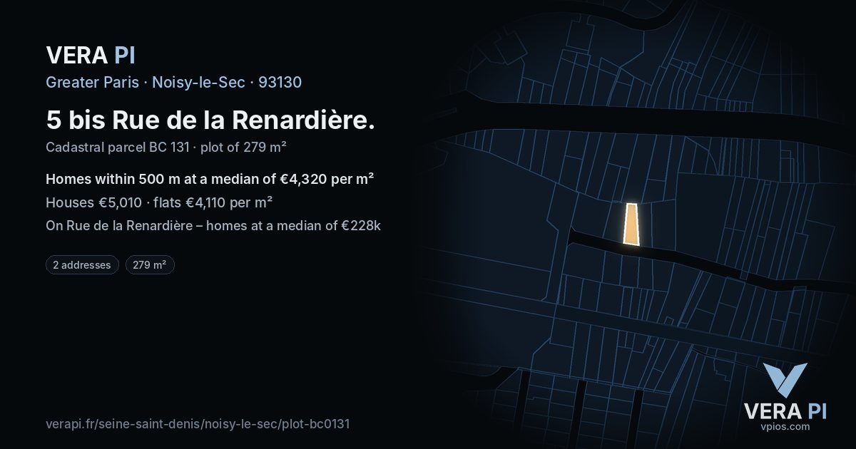 5 bis Rue de la Renardière, Noisy-le-Sec at night – the plot lit, the parcels around coloured by the prices near them