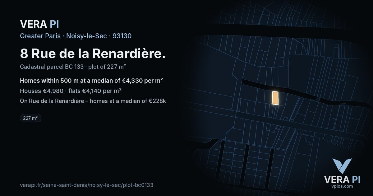 8 Rue de la Renardière, Noisy-le-Sec at night – the plot lit, the parcels around coloured by the prices near them