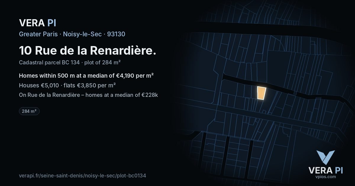 10 Rue de la Renardière, Noisy-le-Sec at night – the plot lit, the parcels around coloured by the prices near them