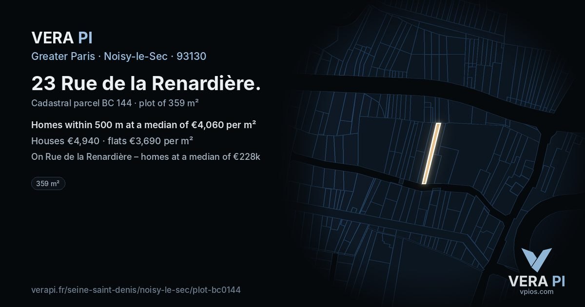 23 Rue de la Renardière, Noisy-le-Sec at night – the plot lit, the parcels around coloured by the prices near them
