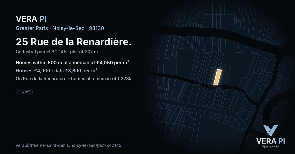 25 Rue de la Renardière, Noisy-le-Sec at night – the plot lit, the parcels around coloured by the prices near them