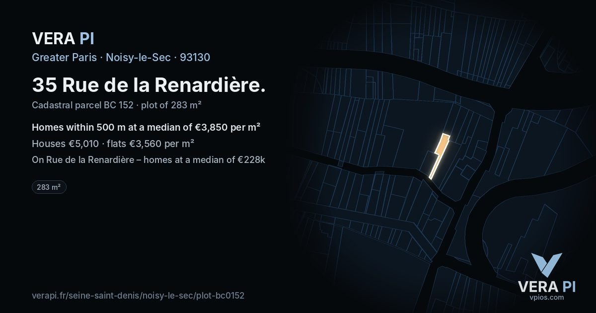35 Rue de la Renardière, Noisy-le-Sec at night – the plot lit, the parcels around coloured by the prices near them