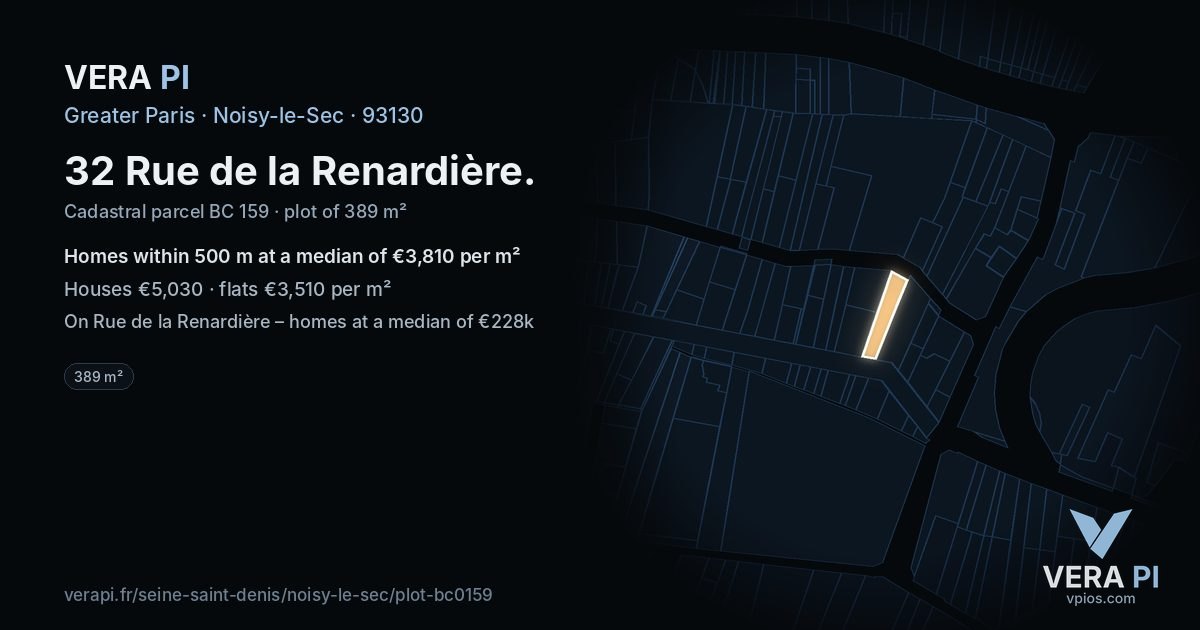 32 Rue de la Renardière, Noisy-le-Sec at night – the plot lit, the parcels around coloured by the prices near them