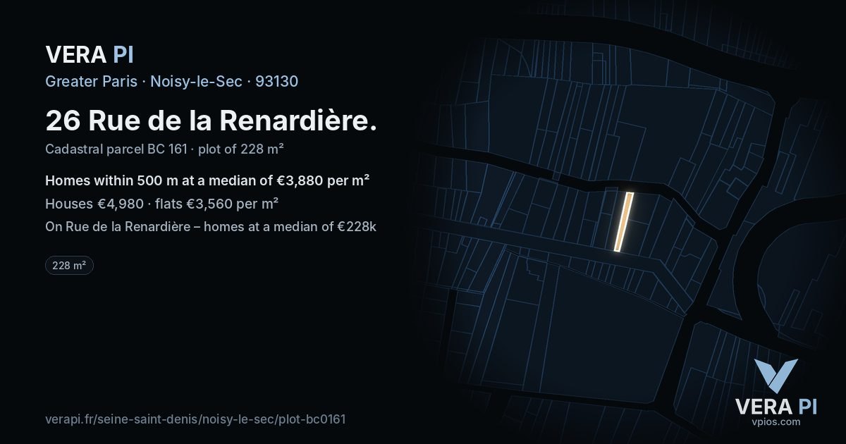 26 Rue de la Renardière, Noisy-le-Sec at night – the plot lit, the parcels around coloured by the prices near them
