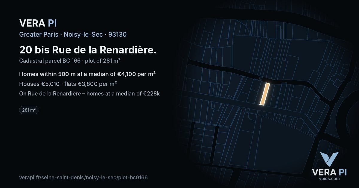 20 bis Rue de la Renardière, Noisy-le-Sec at night – the plot lit, the parcels around coloured by the prices near them