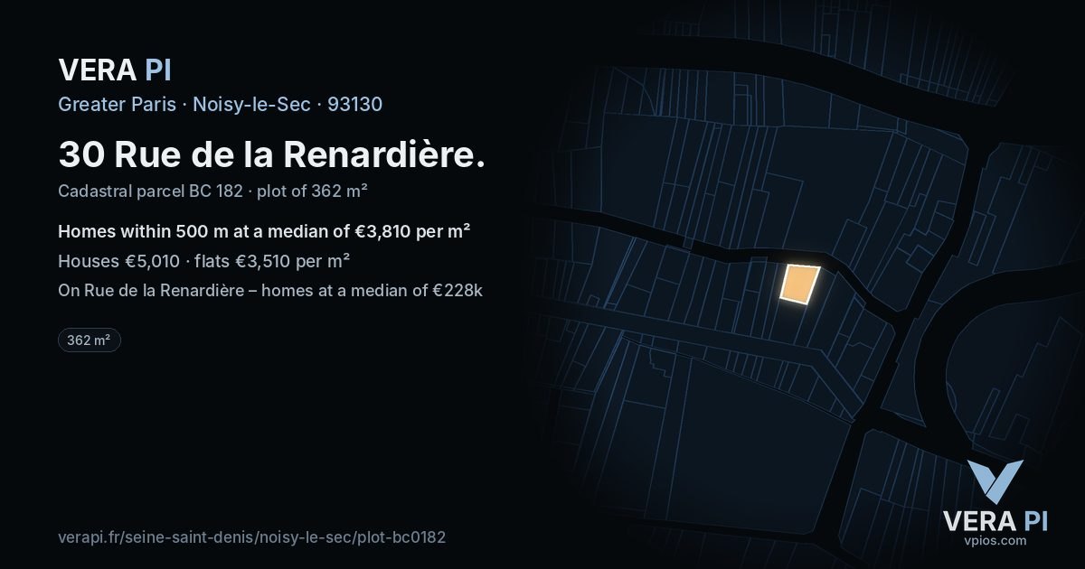 30 Rue de la Renardière, Noisy-le-Sec at night – the plot lit, the parcels around coloured by the prices near them