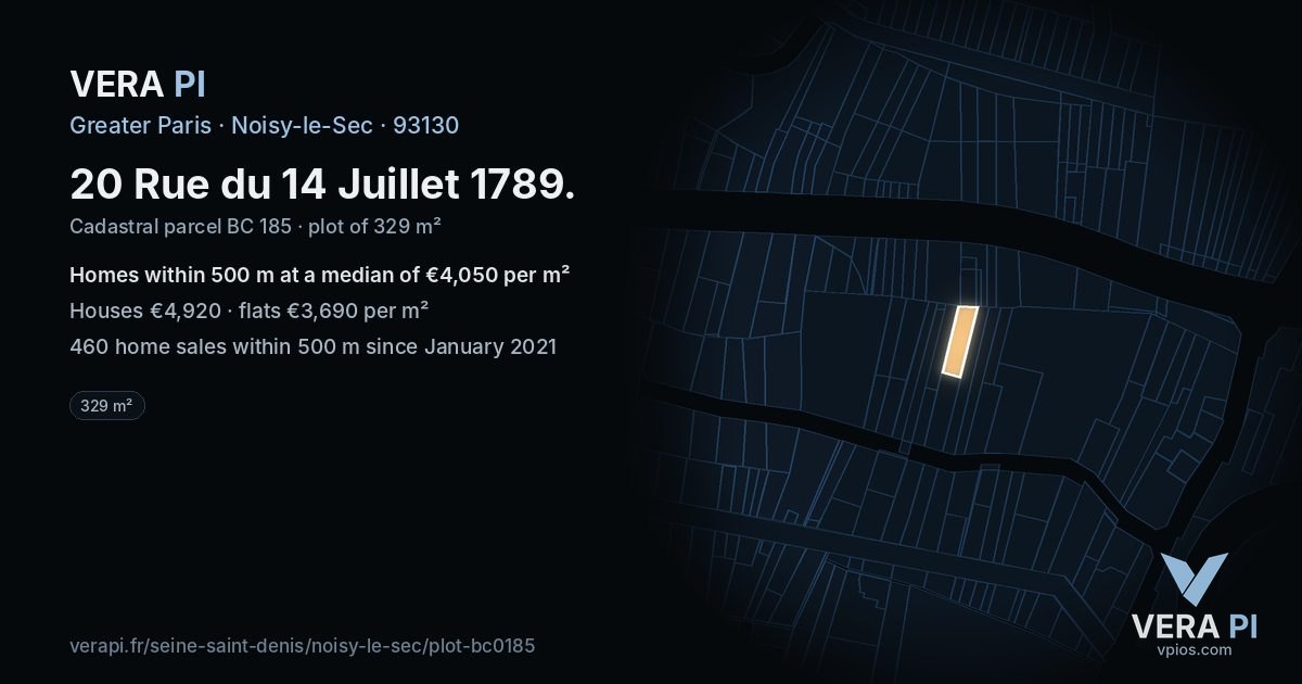 20 Rue du 14 Juillet 1789, Noisy-le-Sec at night – the plot lit, the parcels around coloured by the prices near them
