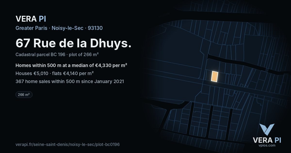 67 Rue de la Dhuys, Noisy-le-Sec at night – the plot lit, the parcels around coloured by the prices near them