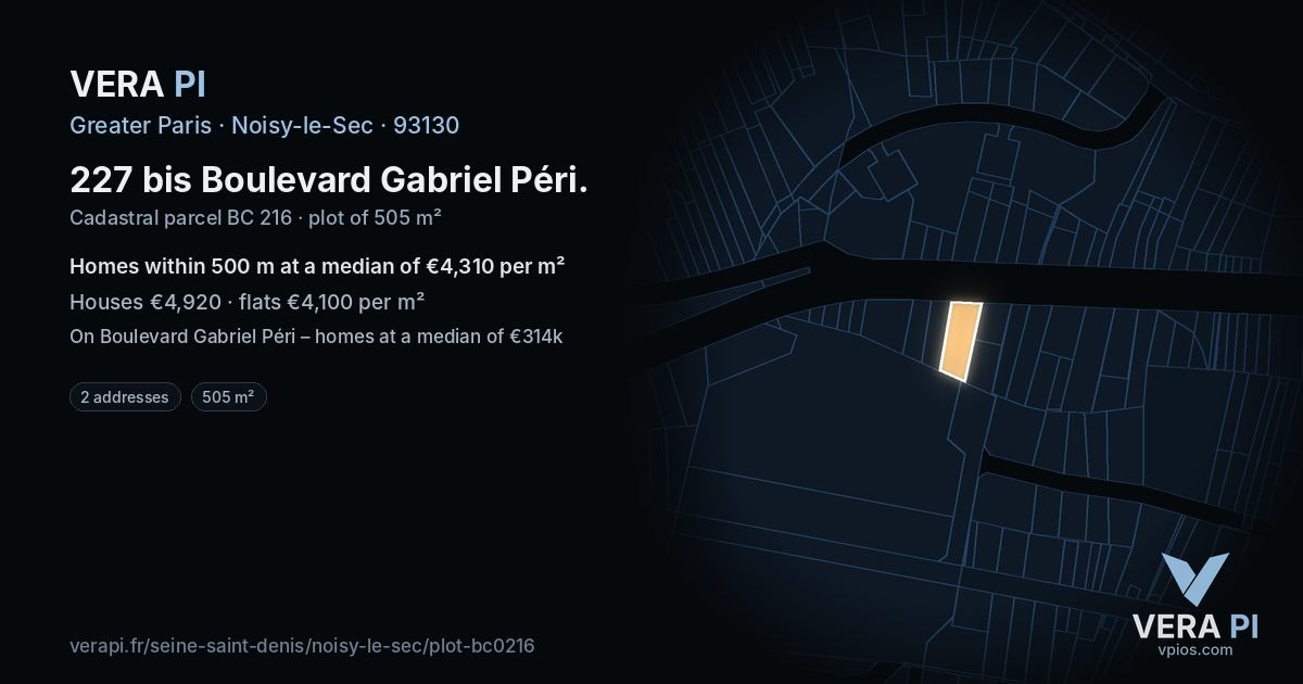227 bis Boulevard Gabriel Péri, Noisy-le-Sec at night – the plot lit, the parcels around coloured by the prices near them
