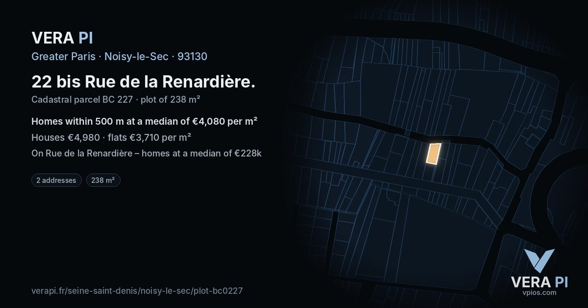 22 bis Rue de la Renardière, Noisy-le-Sec at night – the plot lit, the parcels around coloured by the prices near them