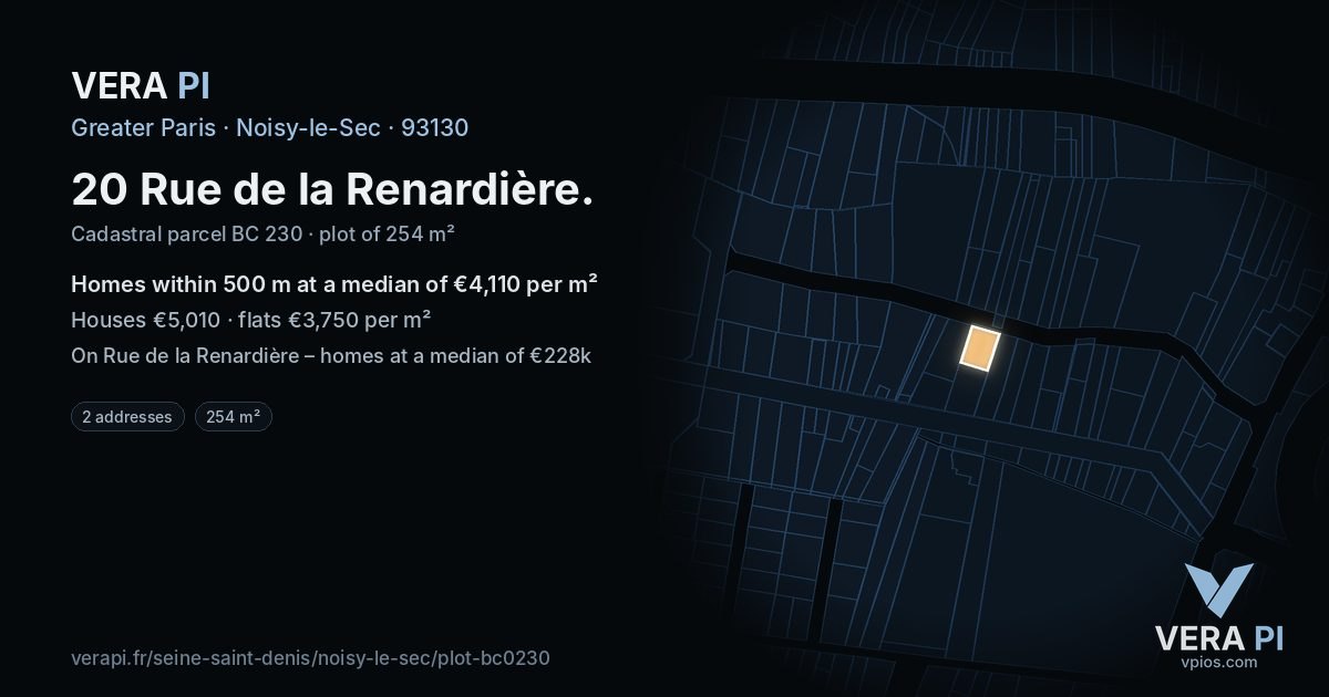 20 Rue de la Renardière, Noisy-le-Sec at night – the plot lit, the parcels around coloured by the prices near them