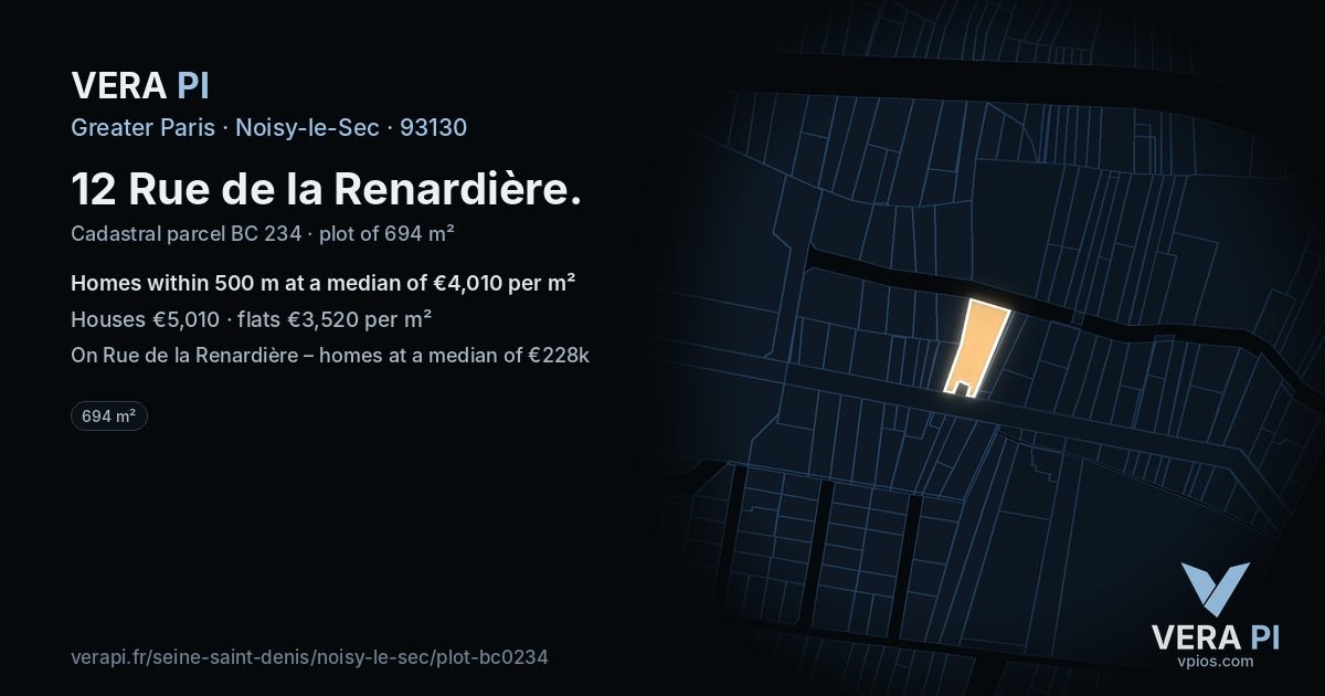12 Rue de la Renardière, Noisy-le-Sec at night – the plot lit, the parcels around coloured by the prices near them