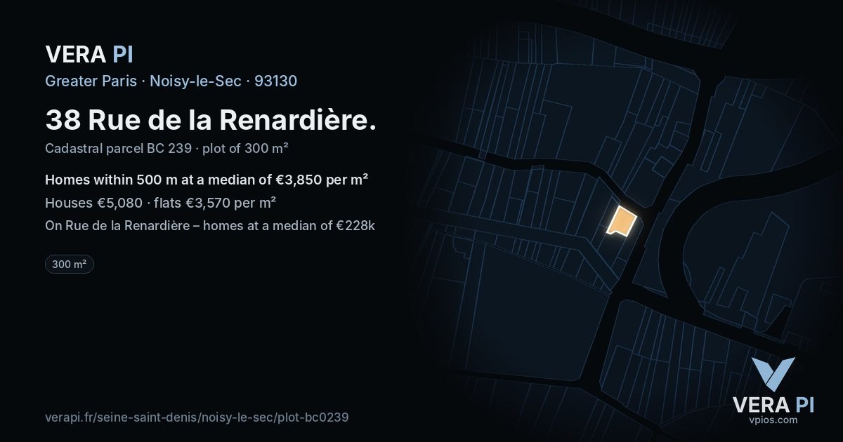 38 Rue de la Renardière, Noisy-le-Sec at night – the plot lit, the parcels around coloured by the prices near them