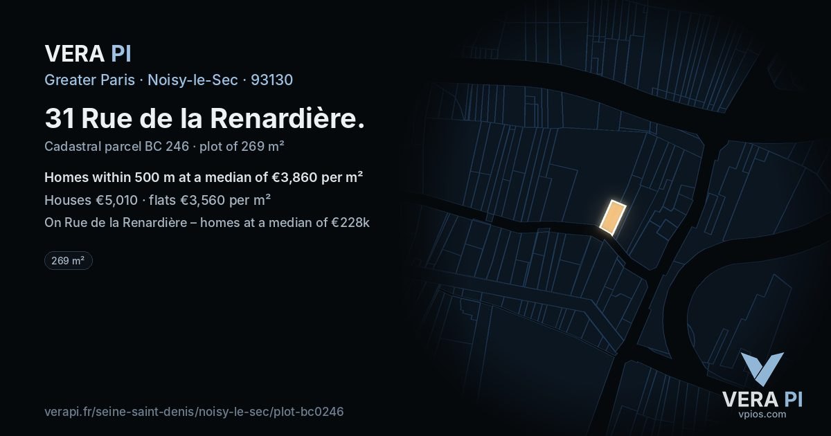 31 Rue de la Renardière, Noisy-le-Sec at night – the plot lit, the parcels around coloured by the prices near them