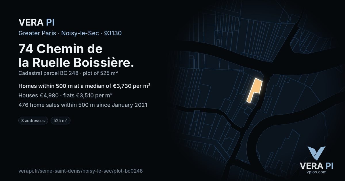 74 Chemin de la Ruelle Boissière, Noisy-le-Sec at night – the plot lit, the parcels around coloured by the prices near them