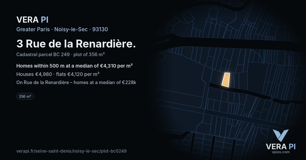 3 Rue de la Renardière, Noisy-le-Sec at night – the plot lit, the parcels around coloured by the prices near them